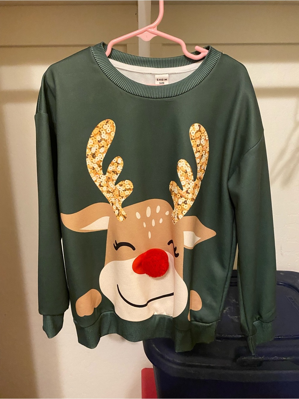 SHEIN Dark Green Reindeer Sweatshirt with Gold Sequin Antlers